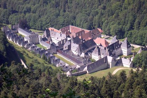 Le monastère de la Grande Chartreuse vu d'en haut, au milieu de la forêt