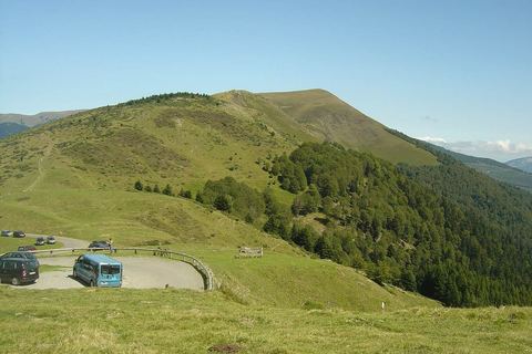 Le sommet herbeux et arrondi du Plo del Naou au-dessus d'un parking, avec une forêt de sapins sur son flanc